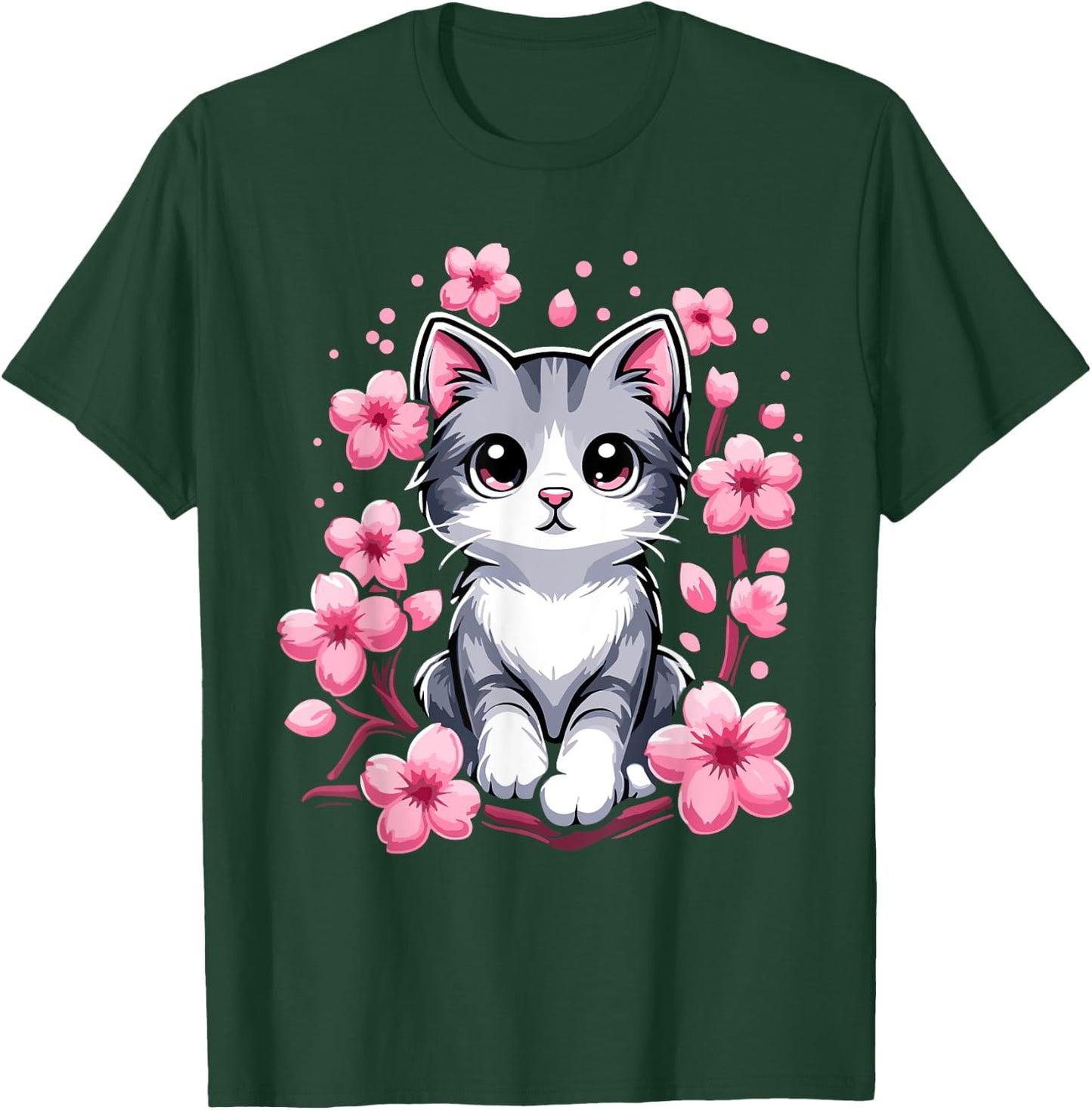 Cute Cherry Blossom Cat Kitten Men Women Girls Kids T-Shirt - T-Shirt | Forest