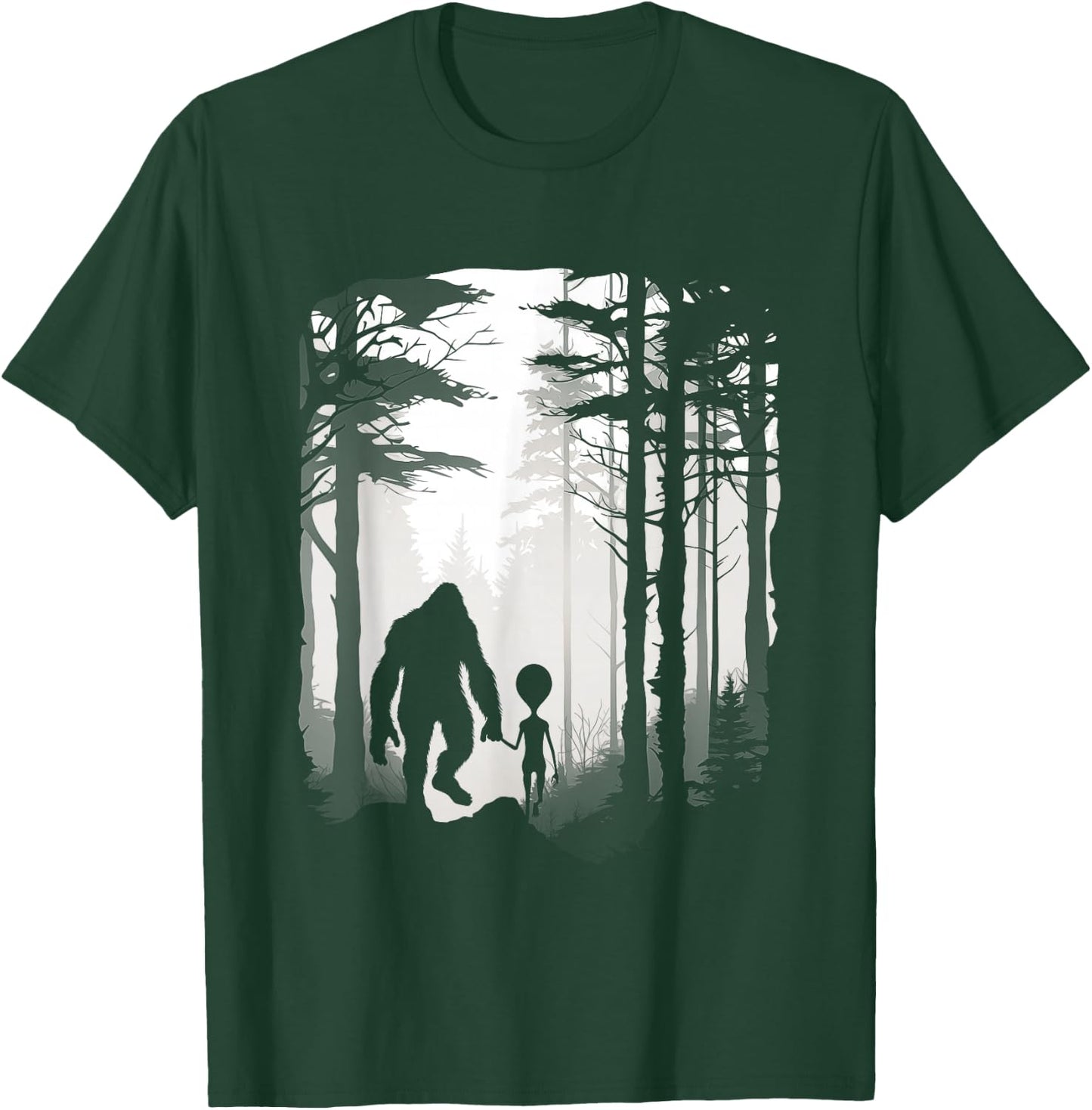 Funny Bigfoot Alien Holding Hands Foggy Forest Walk T-Shirt - T-Shirt | Forest