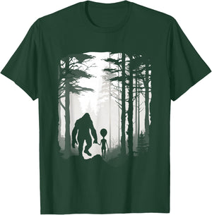 Funny Bigfoot Alien Holding Hands Foggy Forest Walk T-Shirt - T-Shirt | Forest