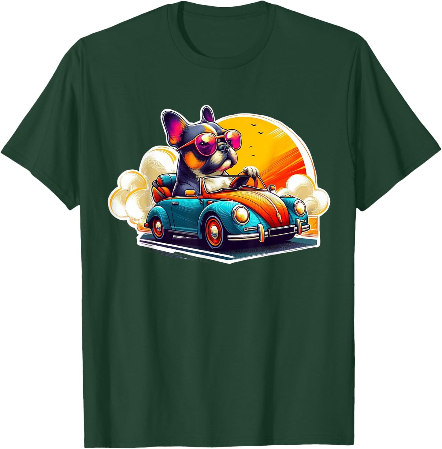 French Bulldog Driving Retro Convertible Car - Frenchie Gift T-Shirt - T-Shirt | Forest
