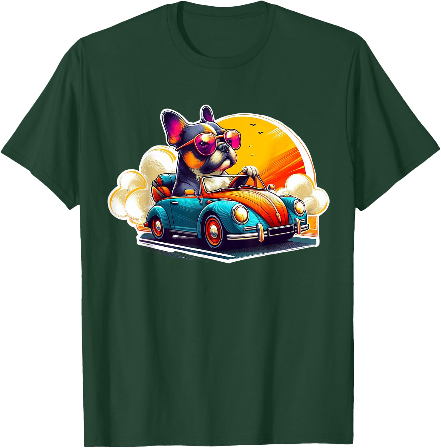 French Bulldog Driving Retro Convertible Car - Frenchie Gift T-Shirt - T-Shirt | Forest