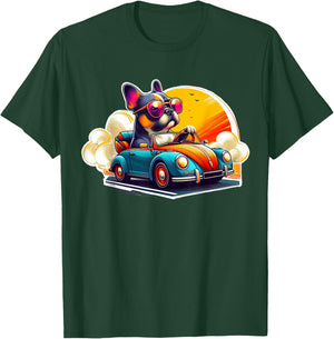 French Bulldog Driving Retro Convertible Car - Frenchie Gift T-Shirt - T-Shirt | Forest