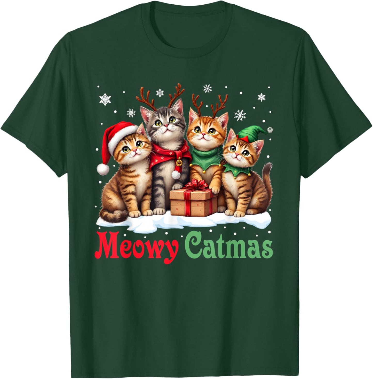 Cat Christmas Pajamas Men Women Boys Girls Meowy Catmas T-Shirt - T-Shirt | Forest