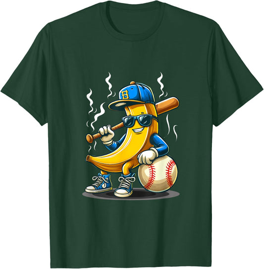Banana Wearing Sunglasses Hat Playing Baseball Player Fruit T-Shirt - T-Shirt | Forest