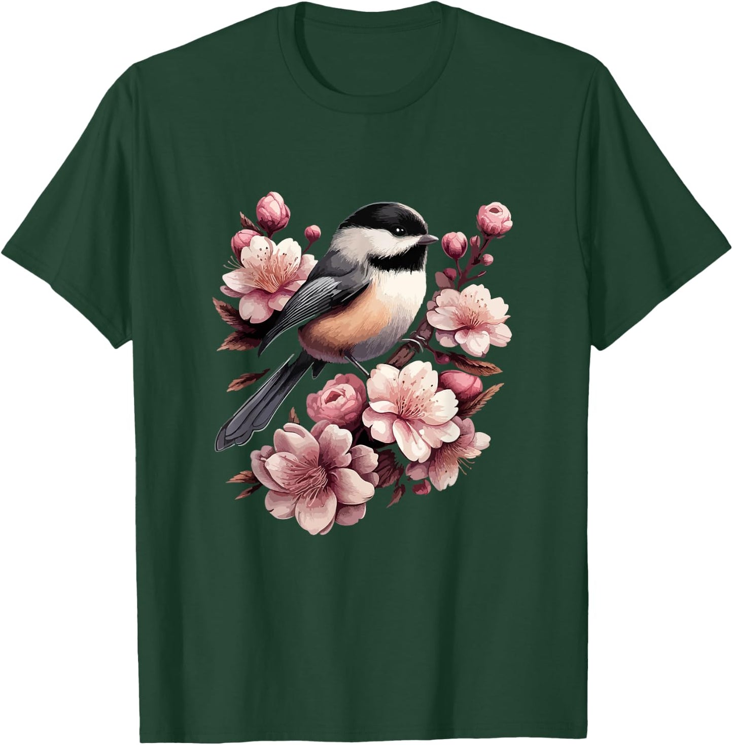 Chickadee Blossom Spring Birdwatching Bird Lover Cute T-Shirt - T-Shirt | Forest