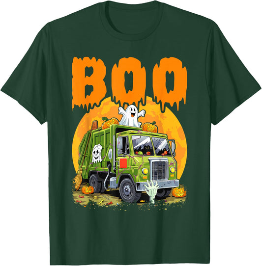 Ghost Driving Garbage Truck With Candy Bag Carved Pumpkin T-Shirt - T-Shirt | Forest