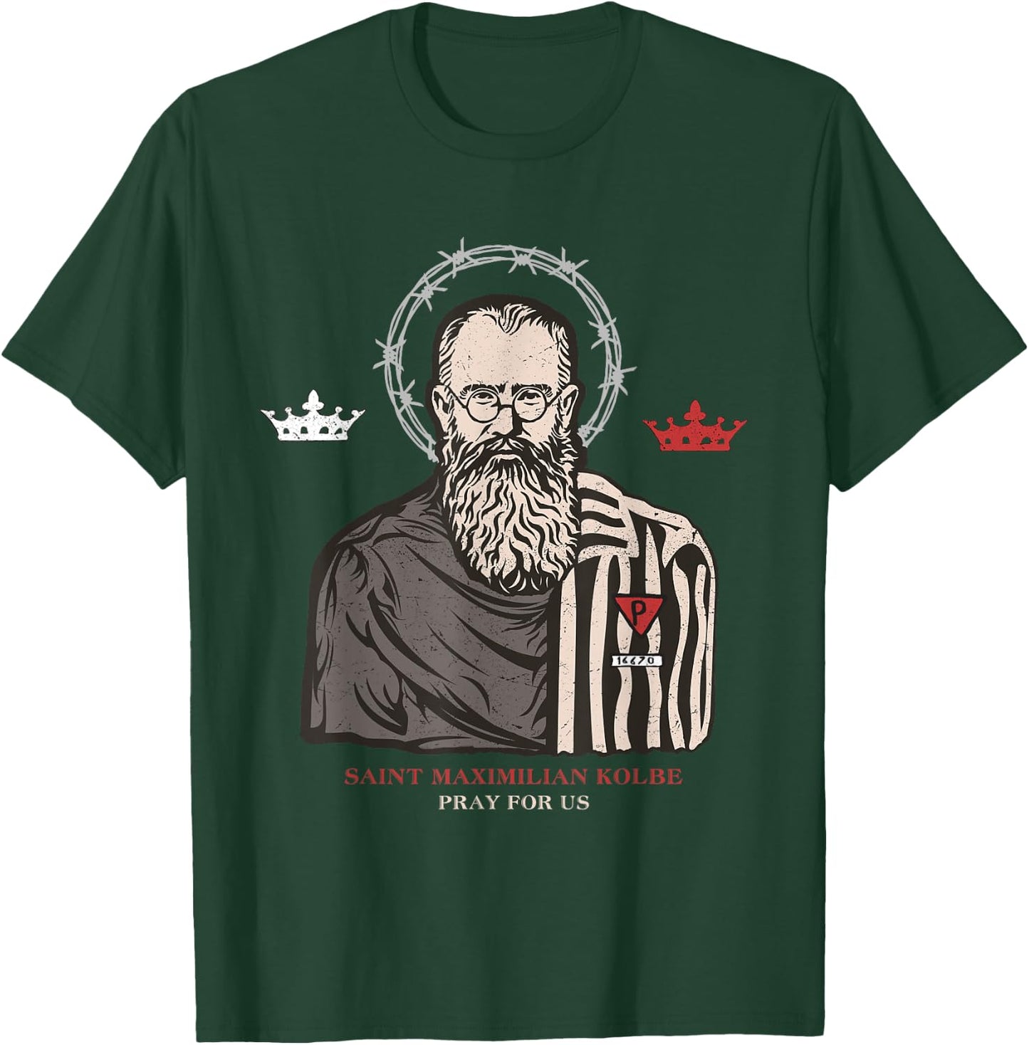 St Maximilian Kolbe Two Crowns Catholic Saint T-Shirt - T-Shirt | Forest