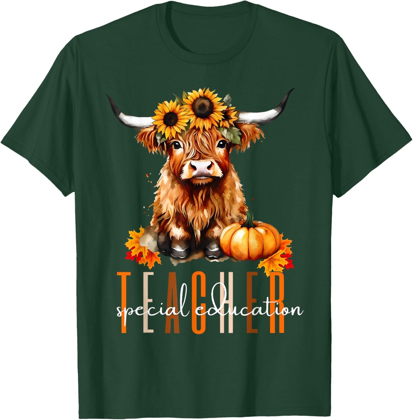 Fall Highland Cow Special Education Teacher Halloween Autumn Women T-Shirt - T-Shirt | Forest