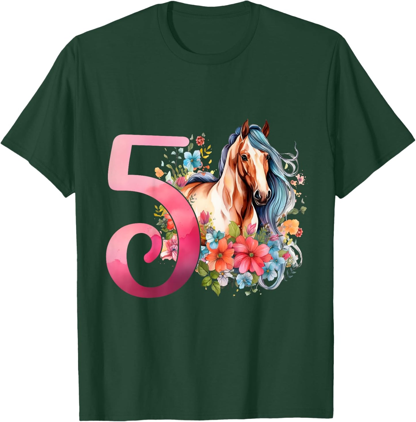 5th Birthday Horse Girl 5 Years Five Finally 5 Birthday T-Shirt - T-Shirt | Forest