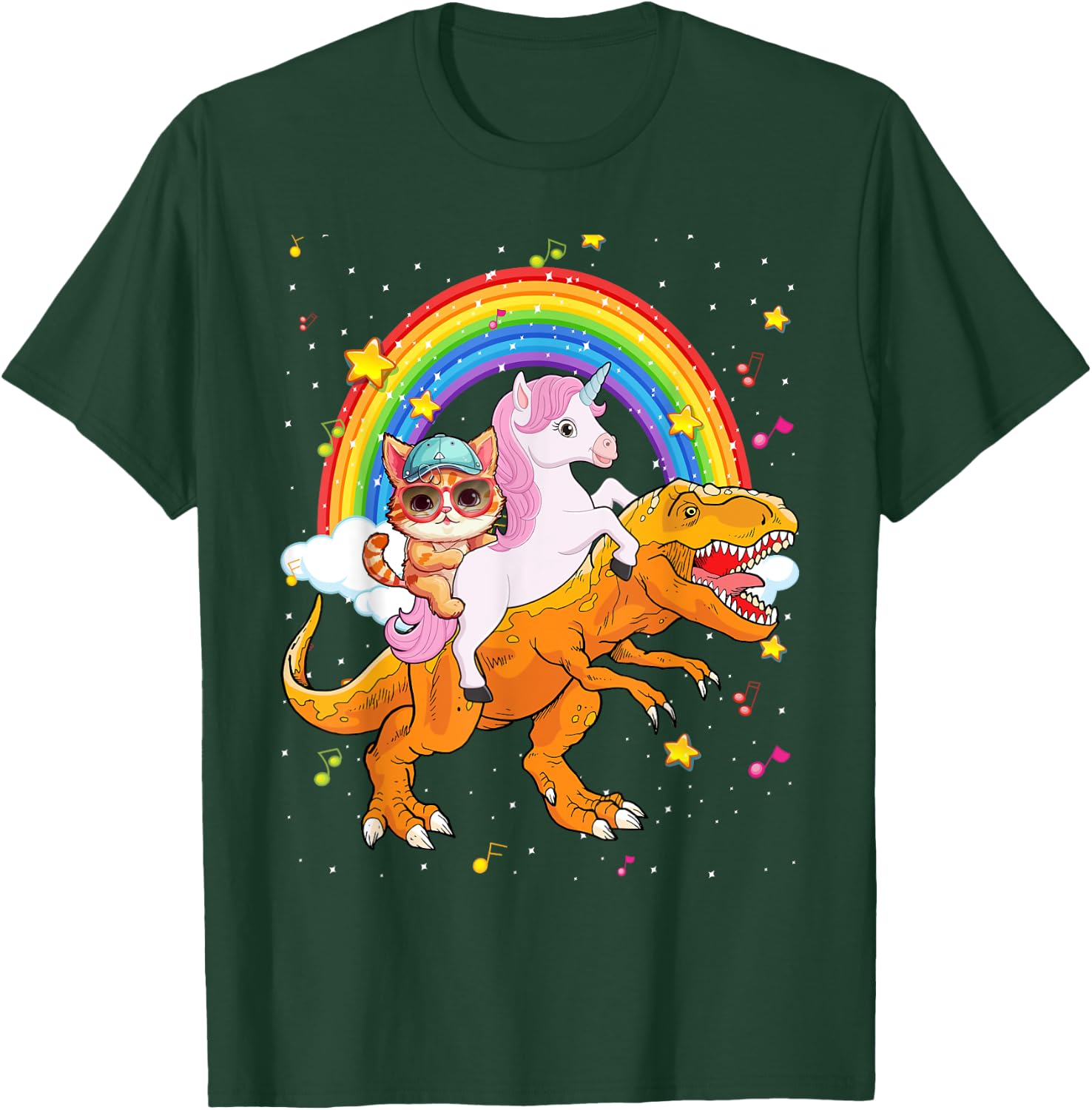 Cat Unicorn Riding Dinosaur T rex Kitten Lover Space Galaxy T-Shirt - T-Shirt | Forest