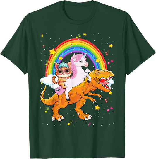 Cat Unicorn Riding Dinosaur T rex Kitten Lover Space Galaxy T-Shirt - T-Shirt | Forest