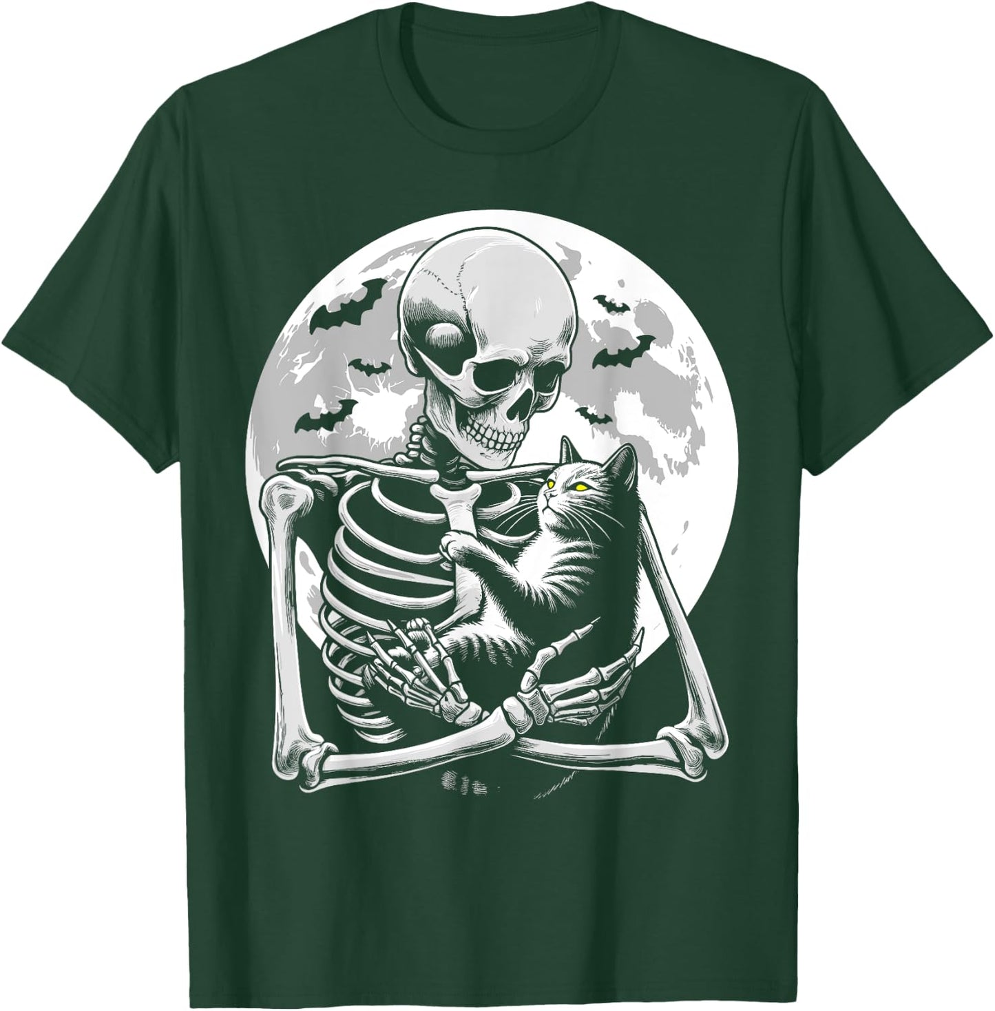 Cat skeleton Halloween skull skeleton holding cat Kitty moon Men Women Kids T-Shirt - T-Shirt | Forest