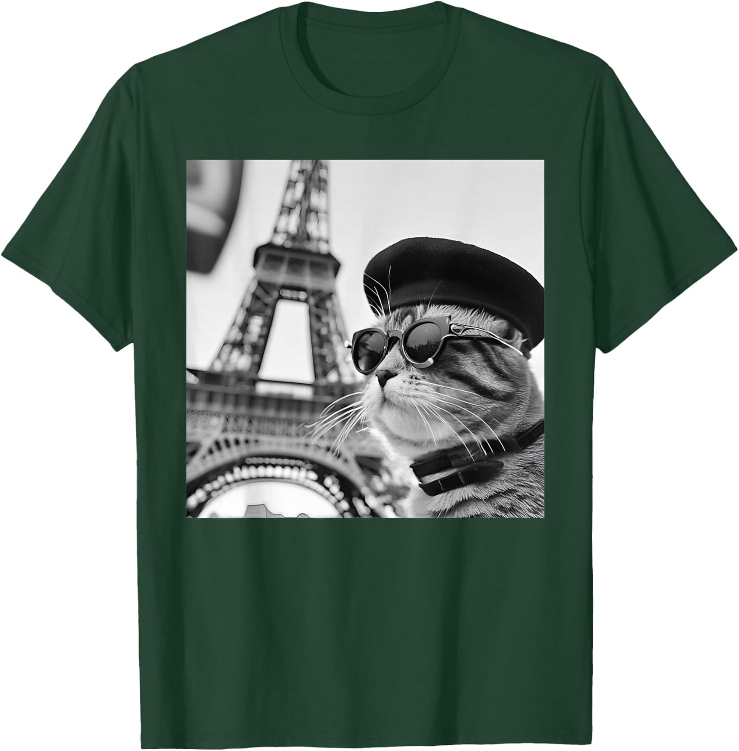 Funny Cat Wearing Sunglasses and A Beret At The Eiffel Tower T-Shirt - T-Shirt | Forest