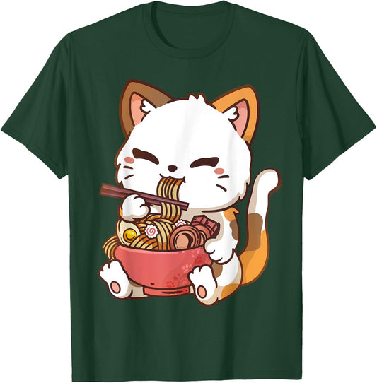 Ramen Cat Anime Kawaii Cat Eating Ramen T-Shirt - T-Shirt | Forest