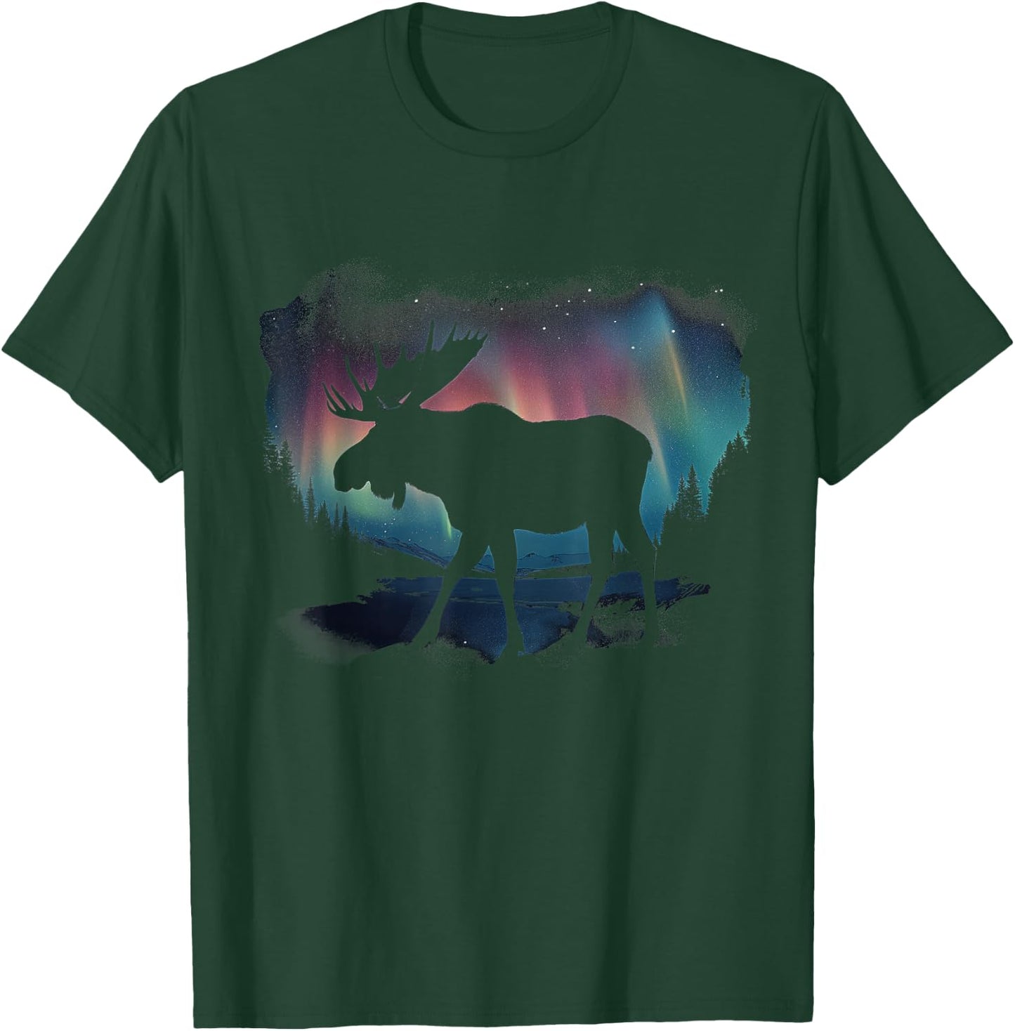 Moose Northern Light Winter Hiking Alaska Nature Lover T-Shirt - T-Shirt | Forest