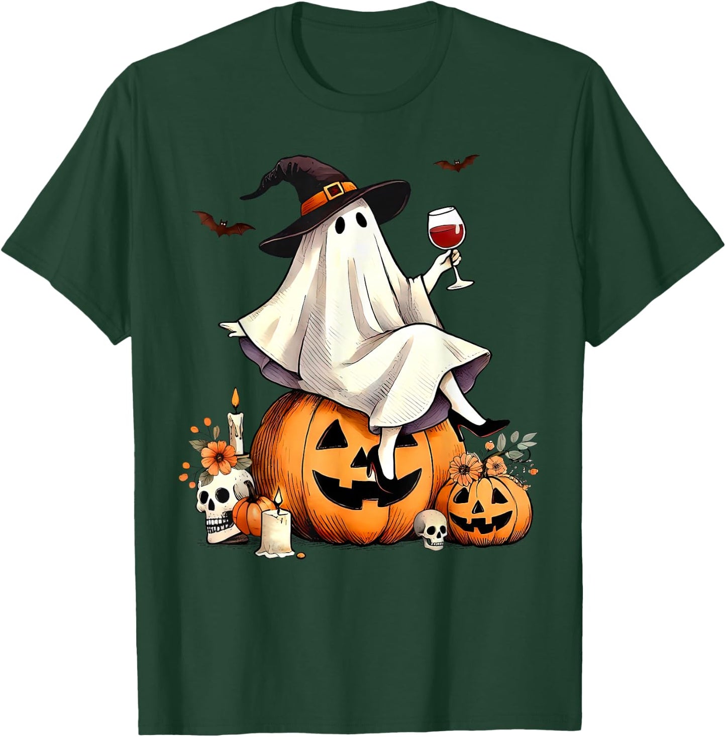 Witch Ghost Wine Drinking Pumpkin Halloween Spooky Season T-Shirt - T-Shirt | Forest