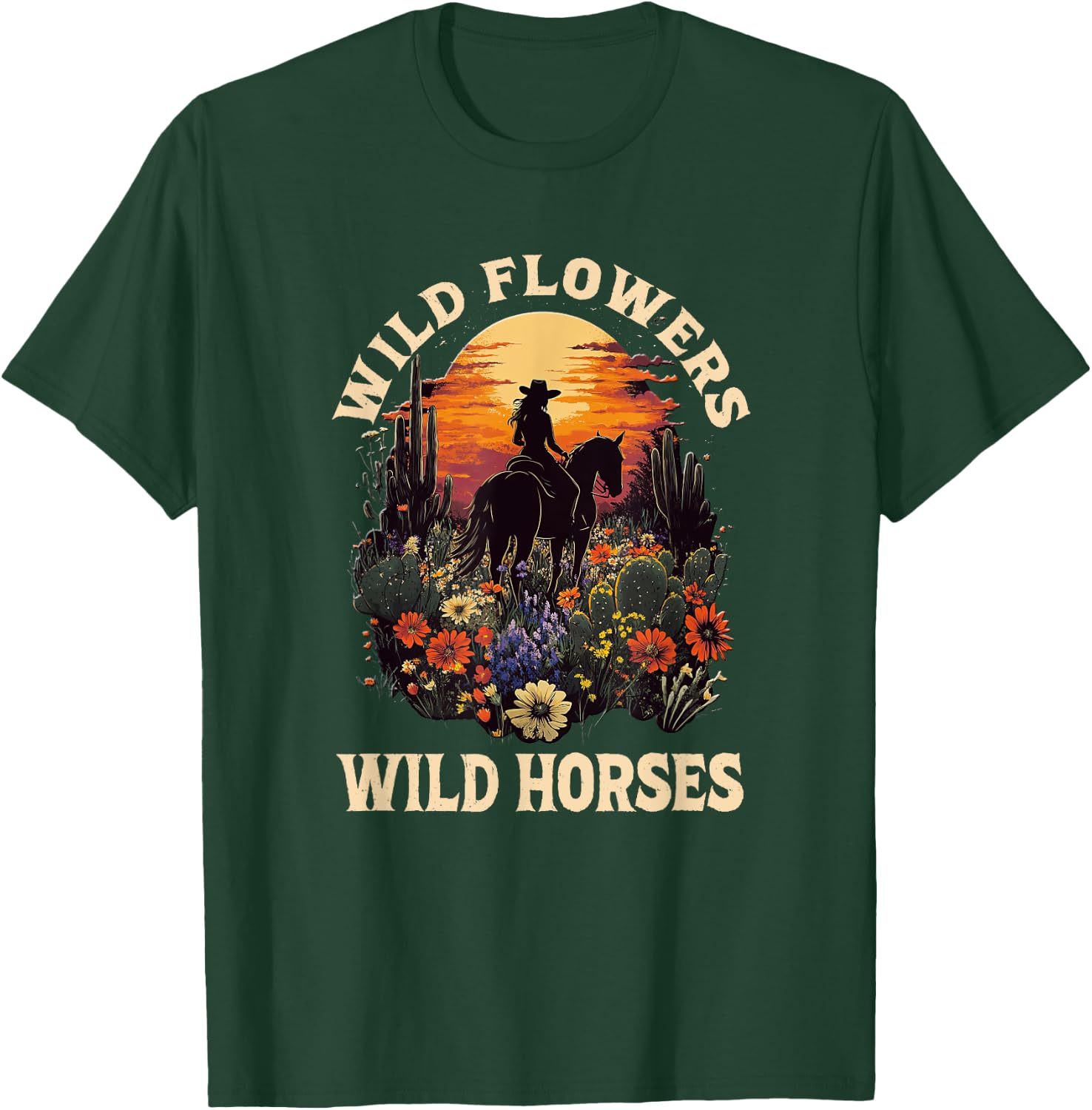 Western Sunset Cowgirl Riding Horse Wild Flowers Wild Horses T-Shirt - T-Shirt | Forest