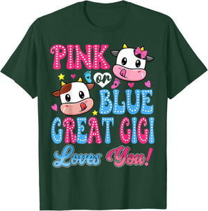 Pink Or Blue Great Gigi Loves You Cow Baby Gender Reveal T-Shirt - T-Shirt | Forest