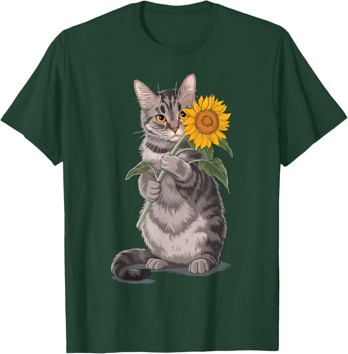 Cat Holding Sunflower T-Shirt - T-Shirt | Forest