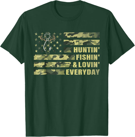 Hunting Fishing Loving Every Day Camo American Flag Patriot T-Shirt - T-Shirt | Forest