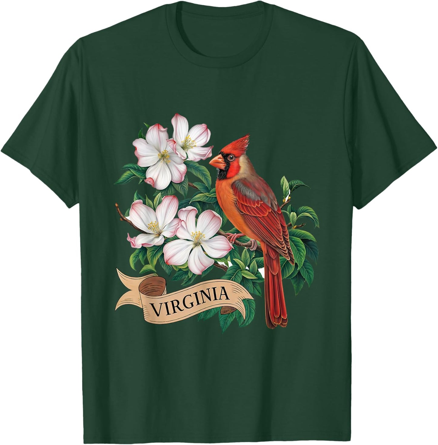Virginia Cardinal Bird and Flowering Dogwood Flower T-Shirt - T-Shirt | Forest