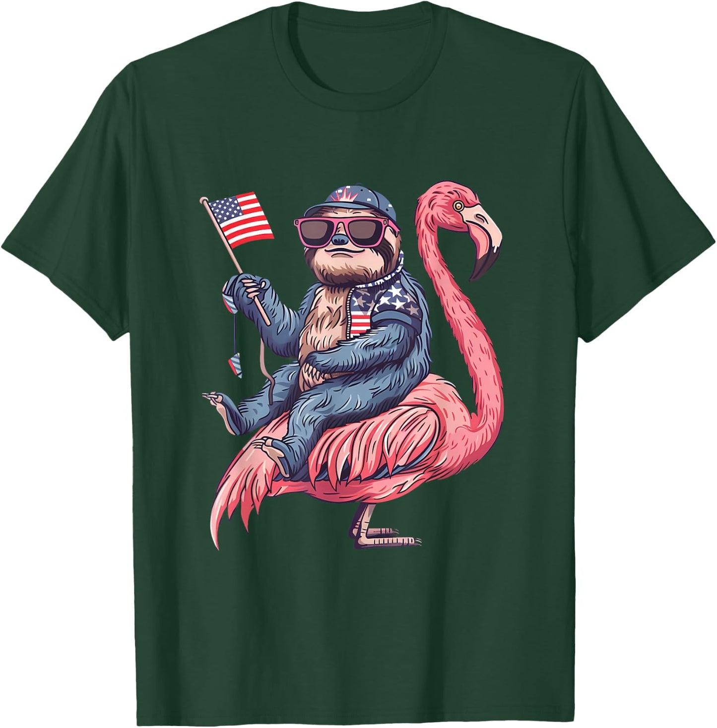 4th Of July Sloth Flamingo American Flag USA Fourth Of July T-Shirt - T-Shirt | Forest