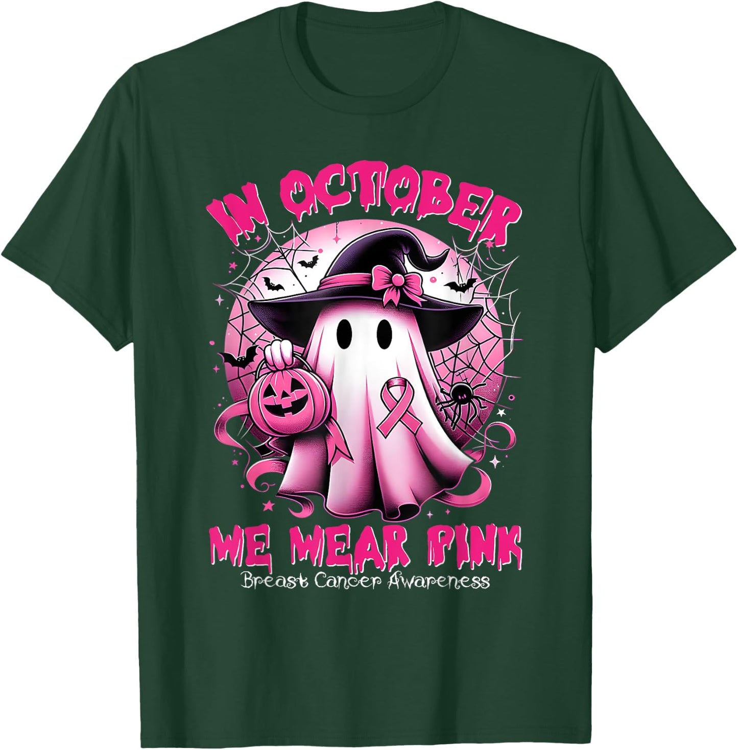 In October We Wear Pink Witch Ghost Breast Cancer Awareness T-Shirt - T-Shirt | Forest