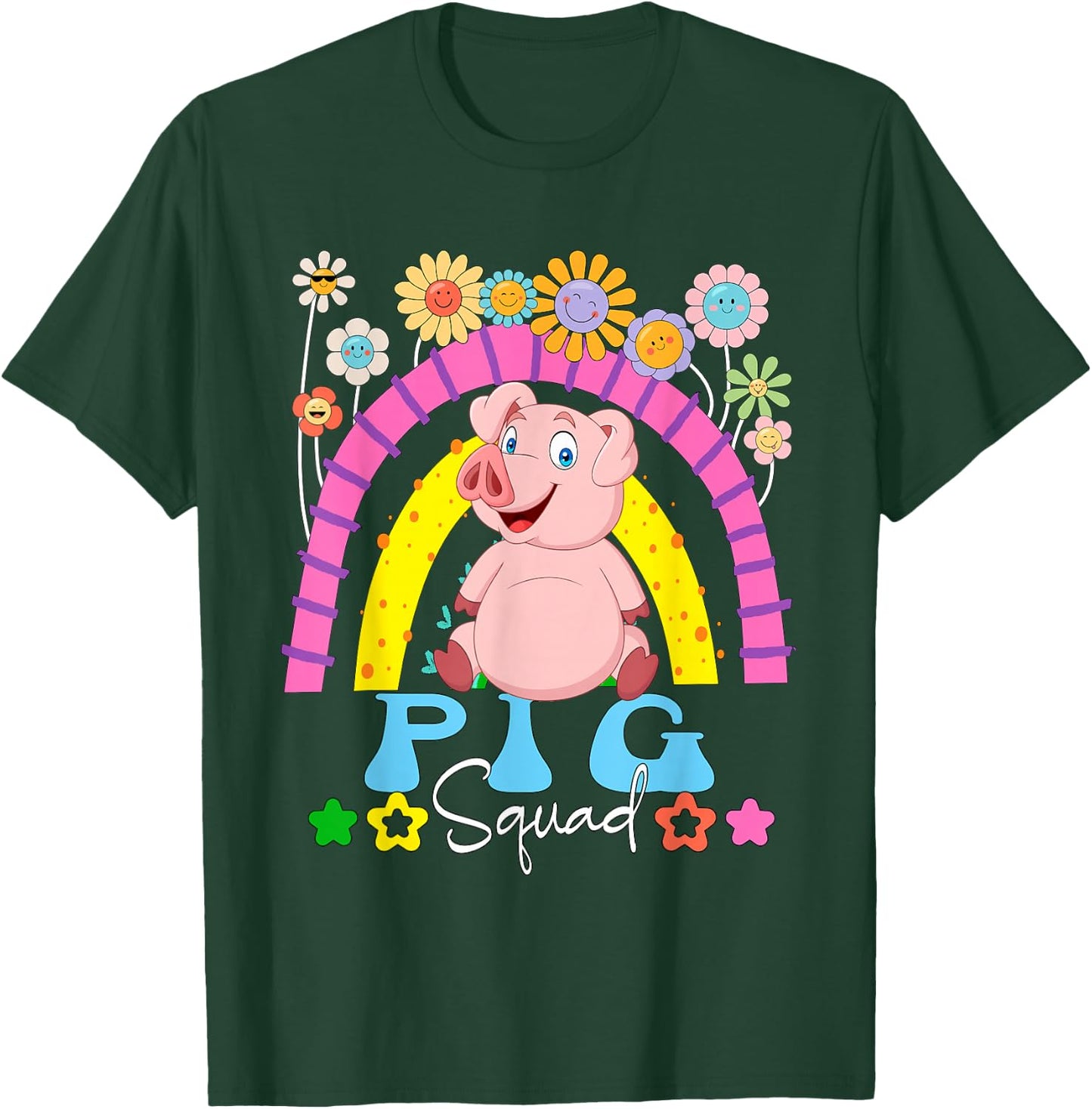Pig Funny Squad Costume Flowers Rainbow Farmer Rancher T-Shirt - T-Shirt | Forest