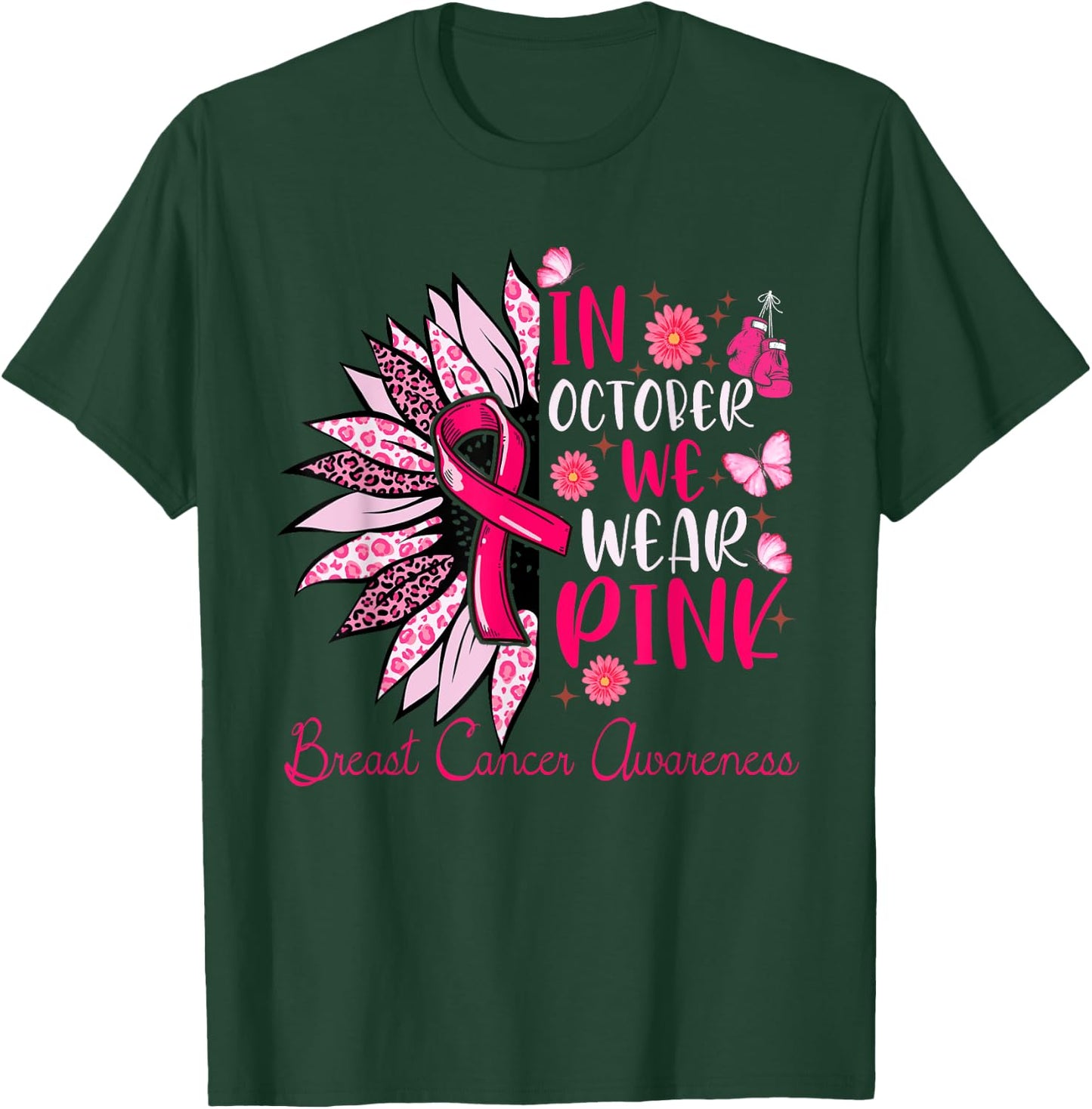 Sunflower Pink Breast Cancer Awareness Women Girls Warrior T-Shirt - T-Shirt | Forest