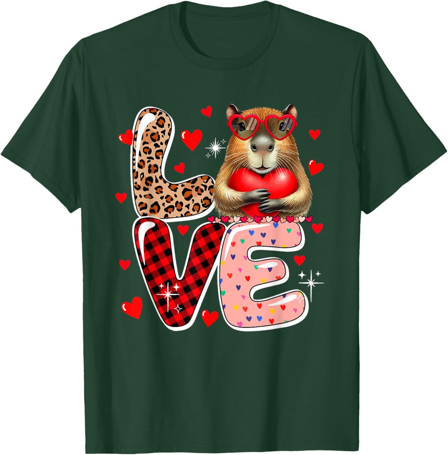 LOVE Capybara Sunglasses Hearts Valentine's Day Kids Toddler T-Shirt - T-Shirt | Forest