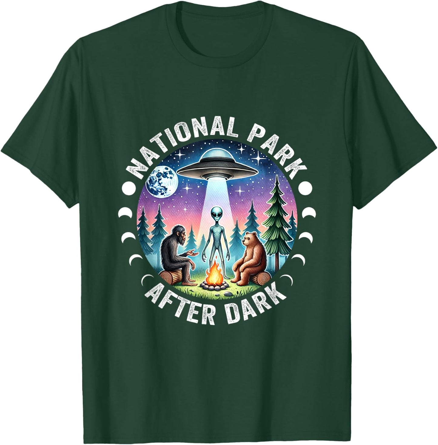 Vintage Retro Funny National Park After the Dark Big foot Alien Campfire , Small, Black T-Shirt - T-Shirt | Forest