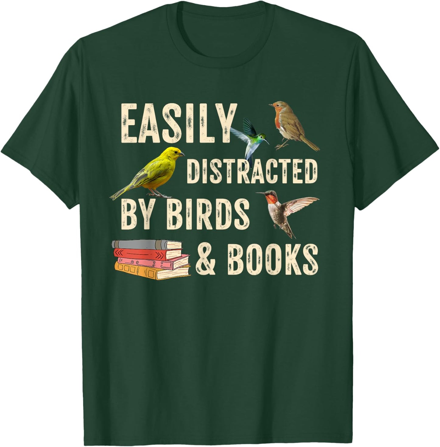 Easily Distracted By Birds & Books Vintage Funny Birder T-Shirt - T-Shirt | Forest