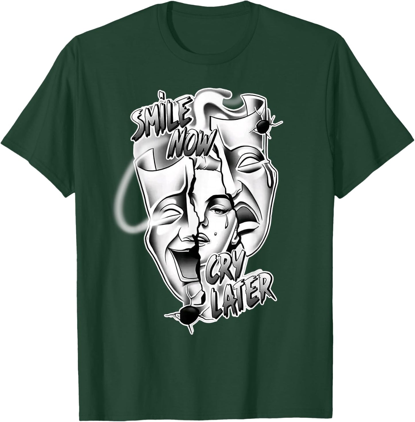 Smile Now Cry Later Pretty Girl Chicano Blackwork T-Shirt - T-Shirt | Forest