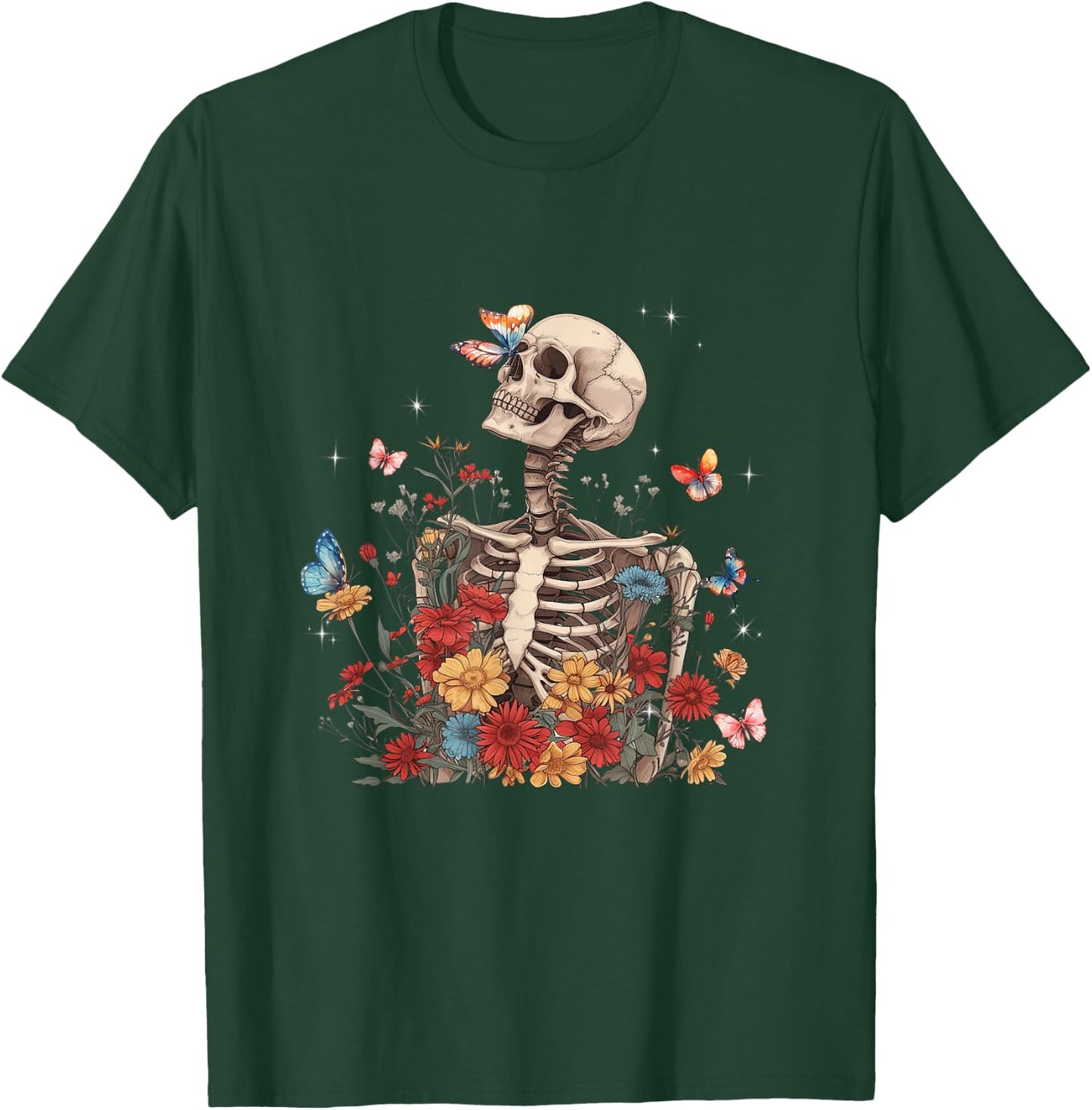 Skeleton Flowers Butterfly Floral Halloween Men Women T-Shirt - T-Shirt | Forest