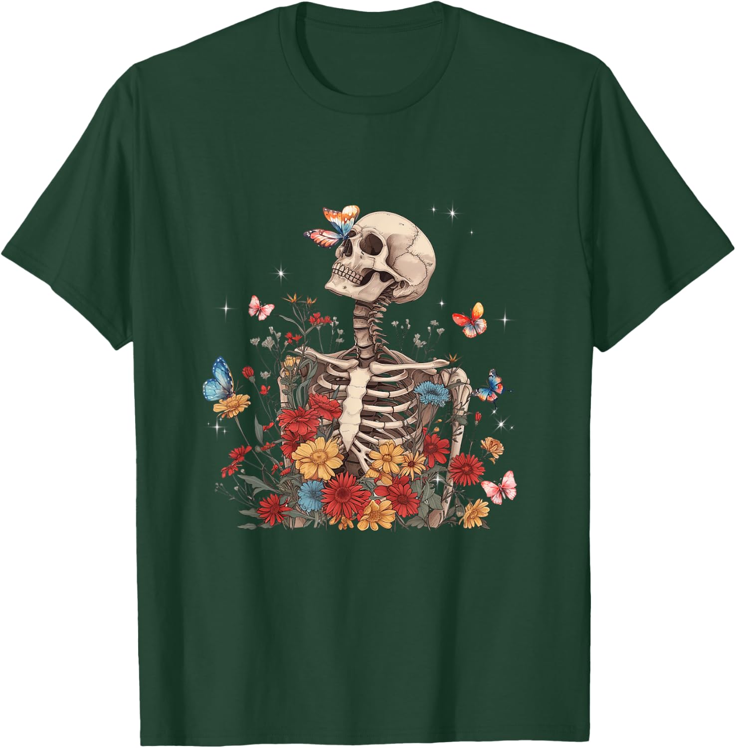 Skeleton Flowers Butterfly Floral Halloween Men Women T-Shirt - T-Shirt | Forest
