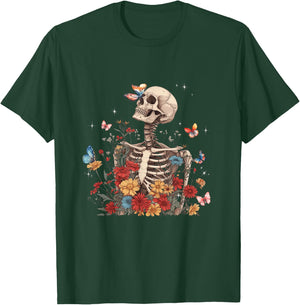 Skeleton Flowers Butterfly Floral Halloween Men Women T-Shirt - T-Shirt | Forest