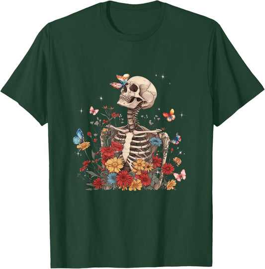 Skeleton Flowers Butterfly Floral Halloween Men Women T-Shirt - T-Shirt | Forest