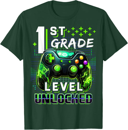 Back to School 1st Grade Boys Gamer First Day School Level T-Shirt - T-Shirt | Forest
