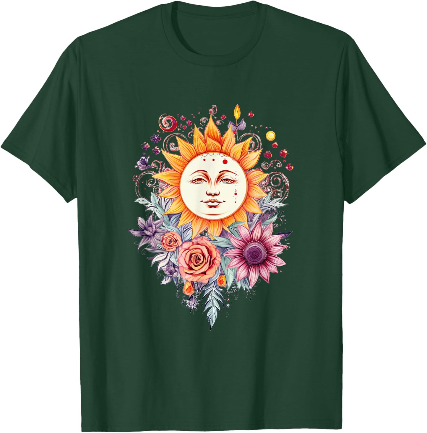 Mystic Sun and Moon Woman Mystical Flowers Aesthetic T-Shirt - T-Shirt | Forest