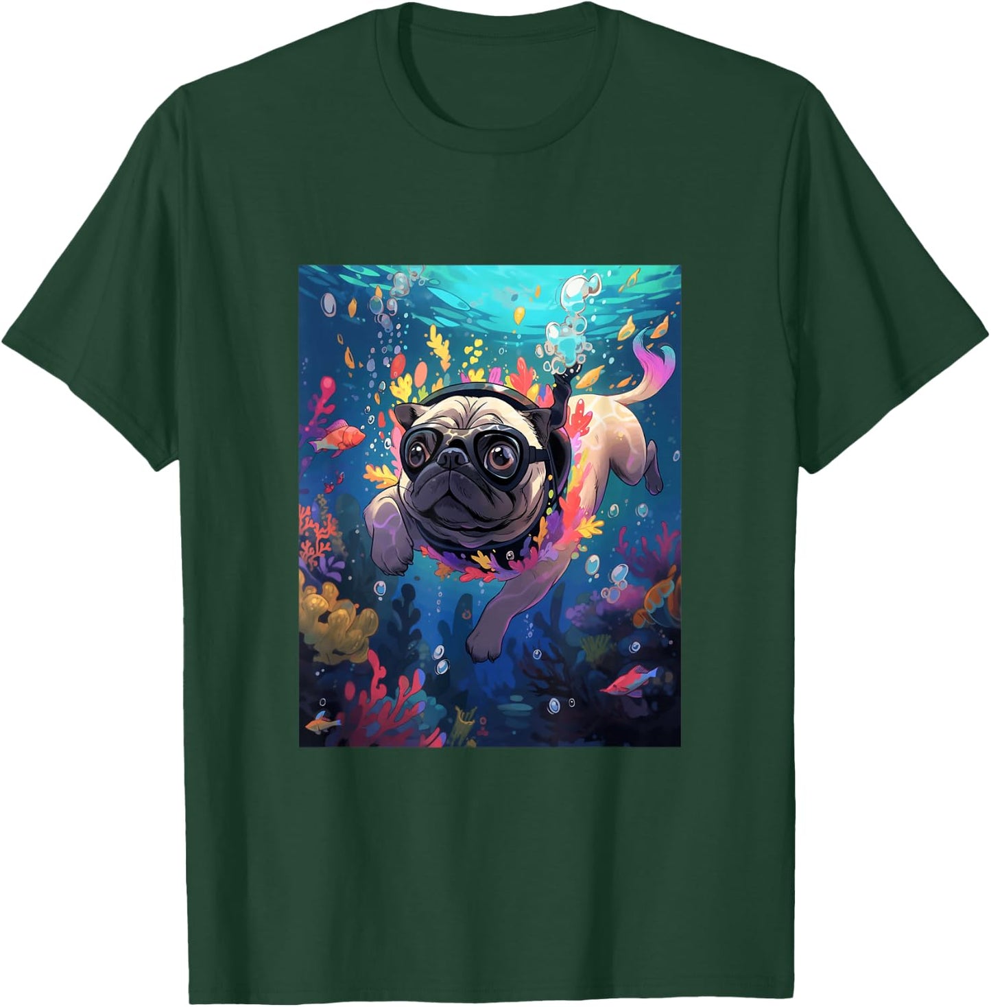 Pug Diving Dog Swimming Underwater T-Shirt - T-Shirt | Forest