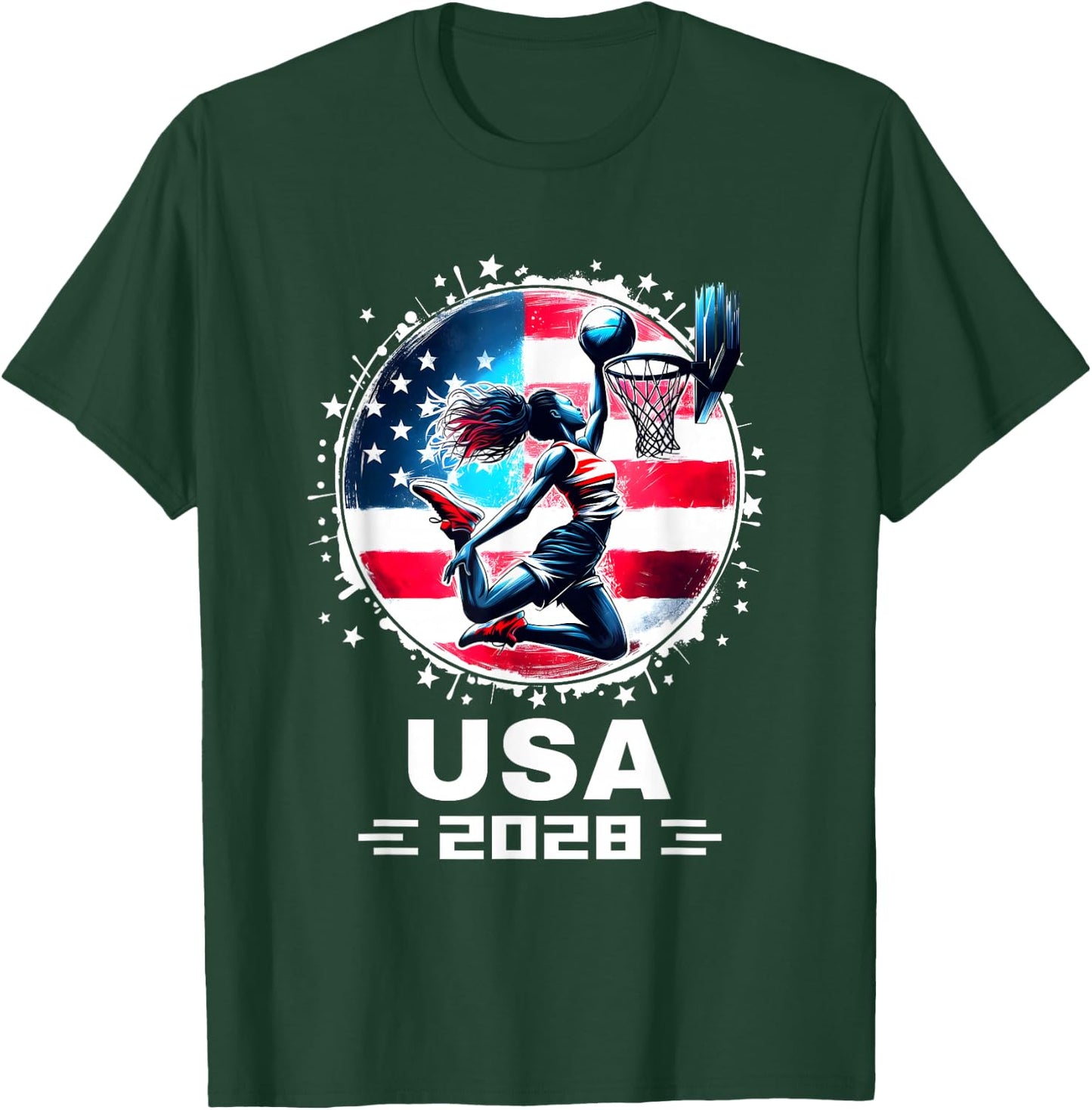 USA Team 2028 United States American Flag Women Basketball T-Shirt - T-Shirt | Forest