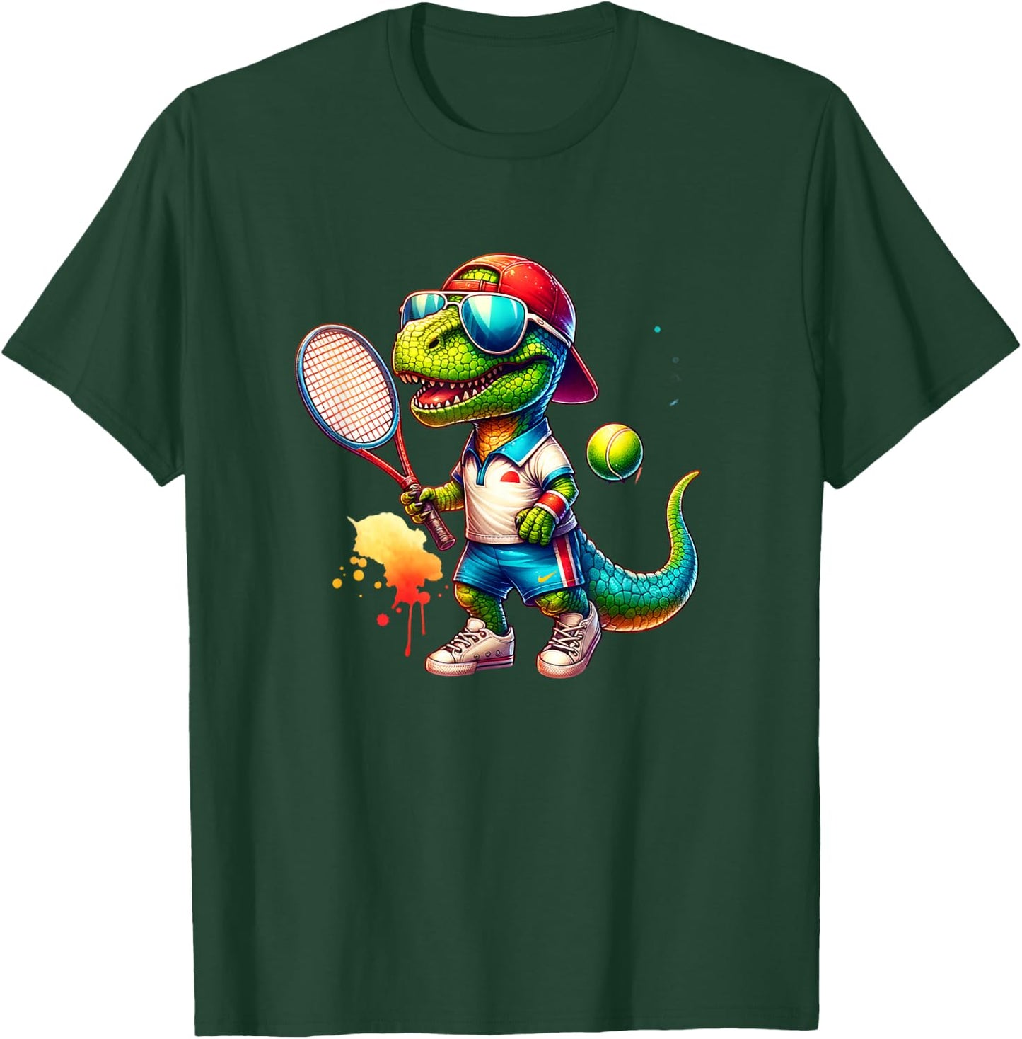 Dinosaur Dino Boy Tennis Player Sport T-Shirt - T-Shirt | Forest