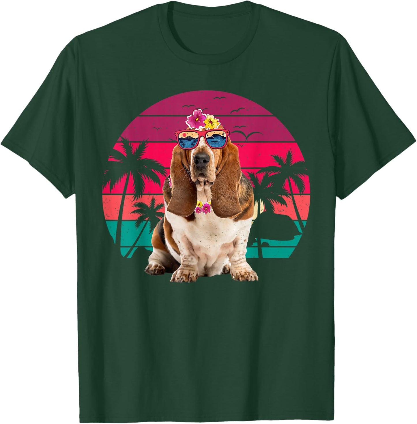 Retro Hawaiian Basset Hound Dog Tropical Floral Summer Vibes Women Kids T-Shirt - T-Shirt | Forest