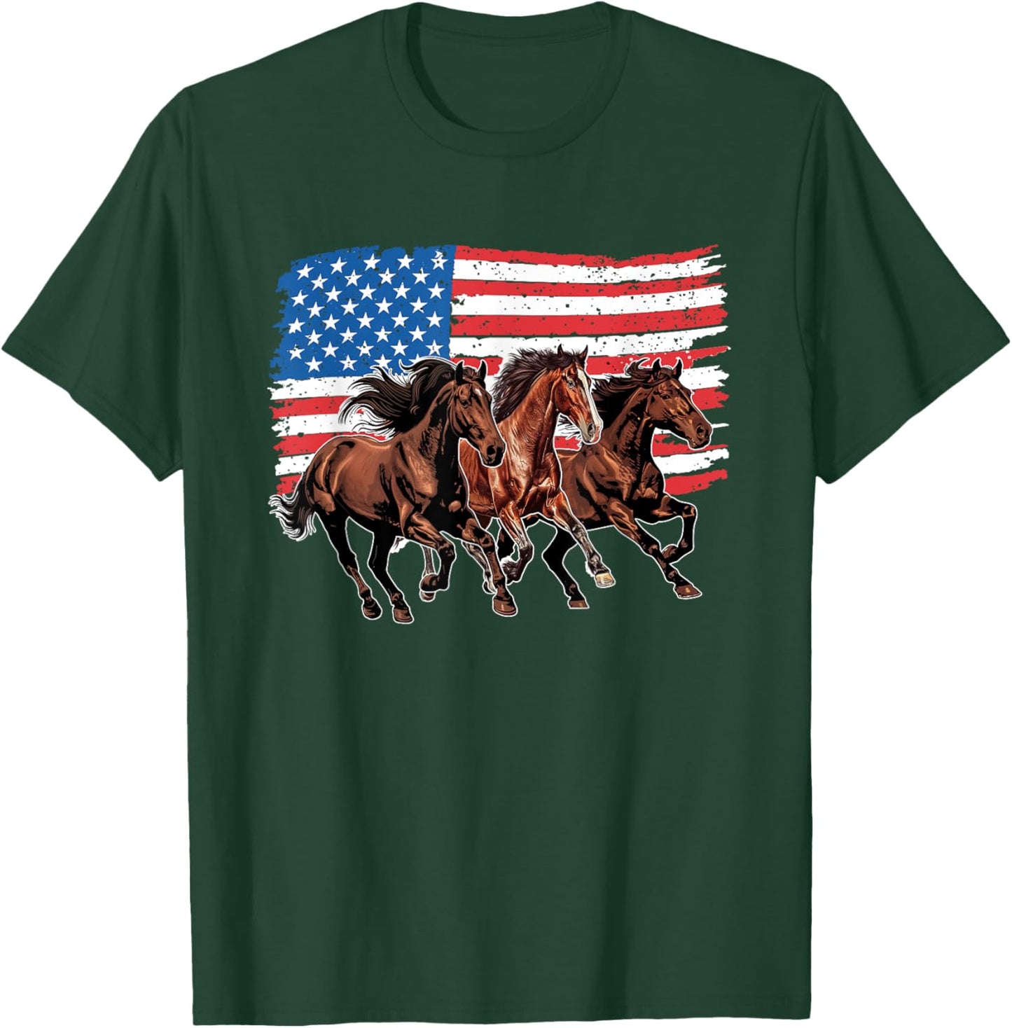 Patriotic Horses 4th Of July American Flag Patriotic Horse Women Kids Men T-Shirt - T-Shirt | Forest