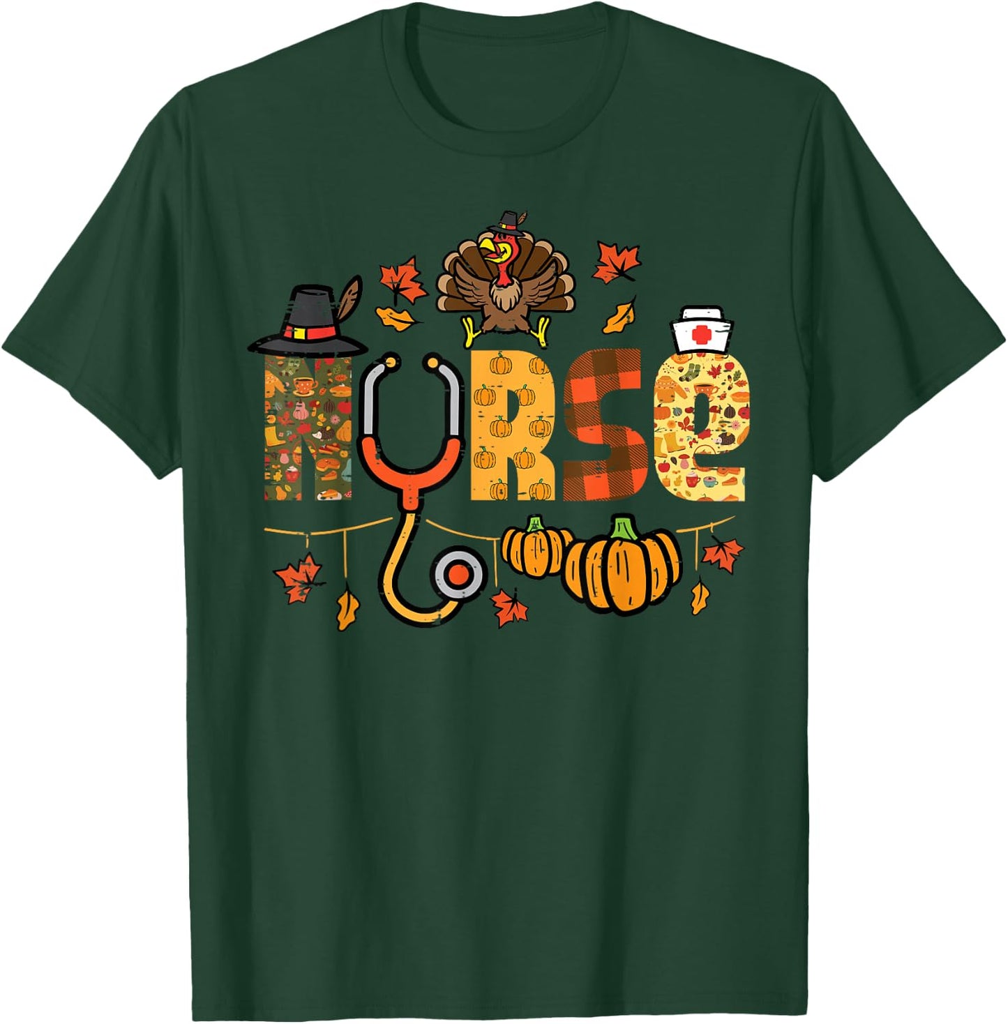 Thanksgiving Nurse Stethoscope Fall Scrub Top ER Men Women T-Shirt - T-Shirt | Forest