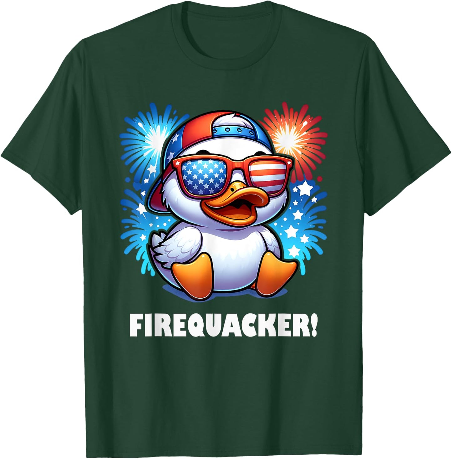 4th of July Firequacker Duck American Flag Fireworks Graphic T-Shirt - T-Shirt | Forest