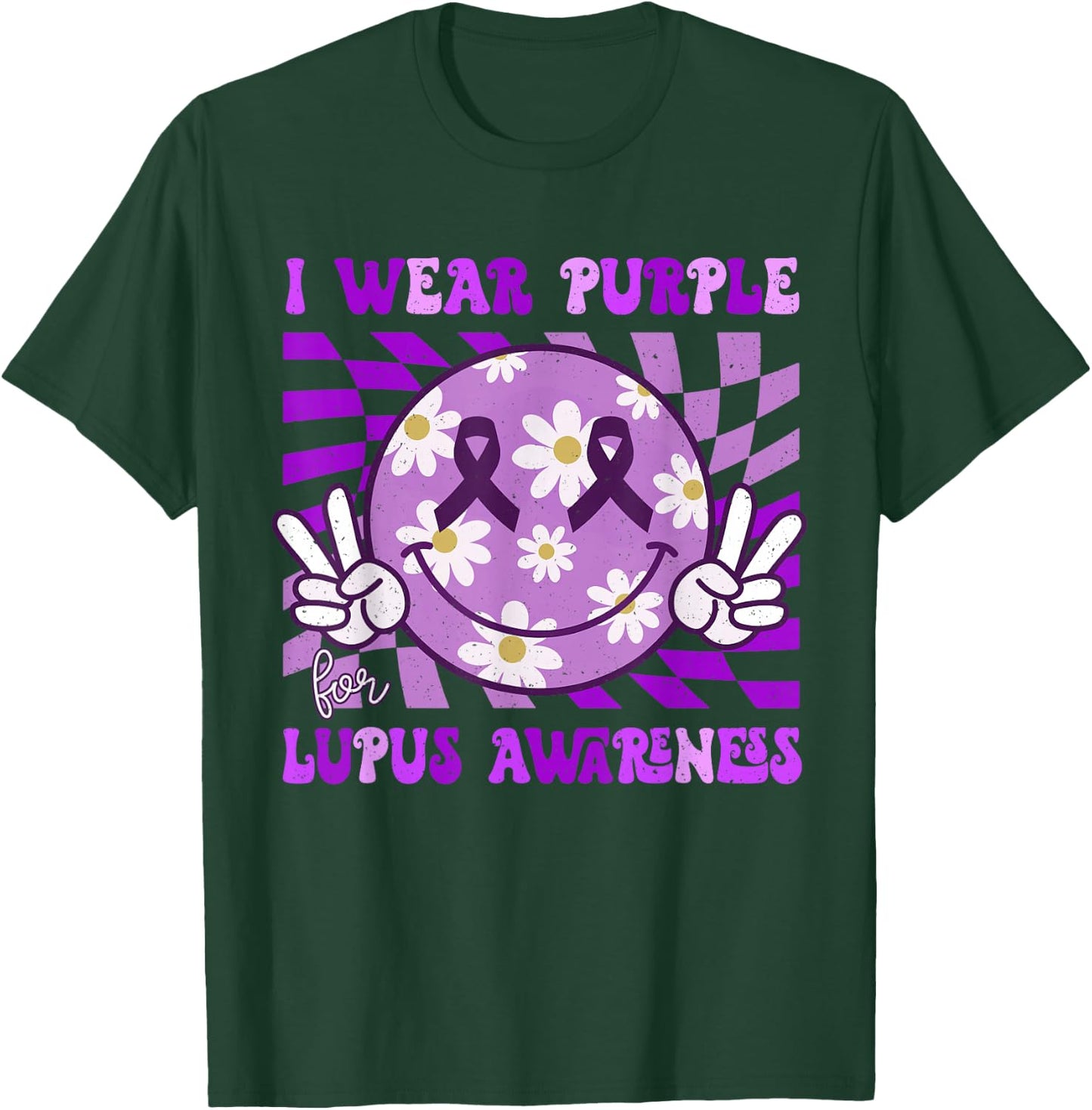 Retro Lupus Awareness Smile Hippie Checkered Purple Ribbon T-Shirt - T-Shirt | Forest