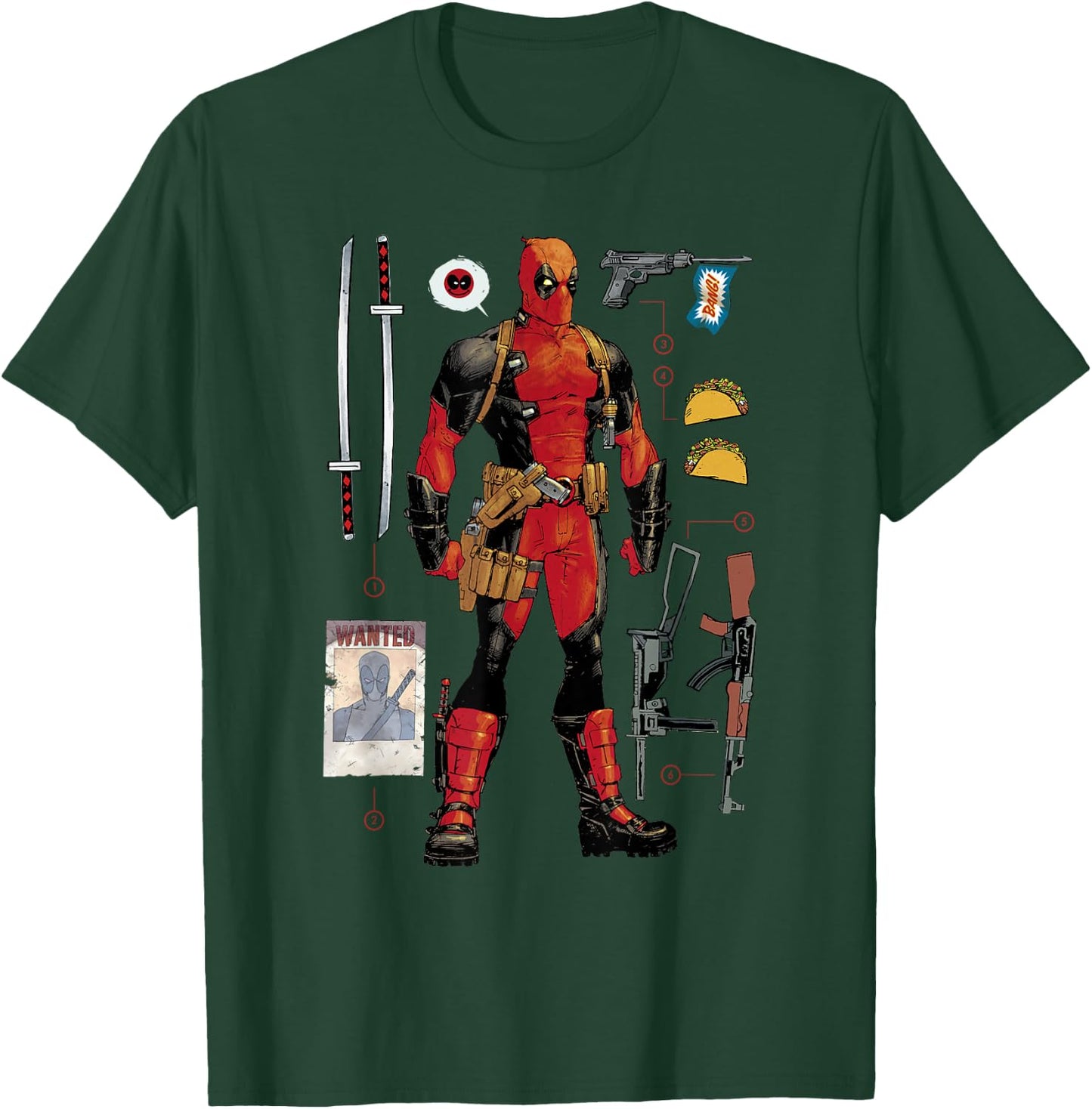 Marvel Deadpool Weapons & Accessories Collection Comic Icon T-Shirt - T-Shirt | Forest