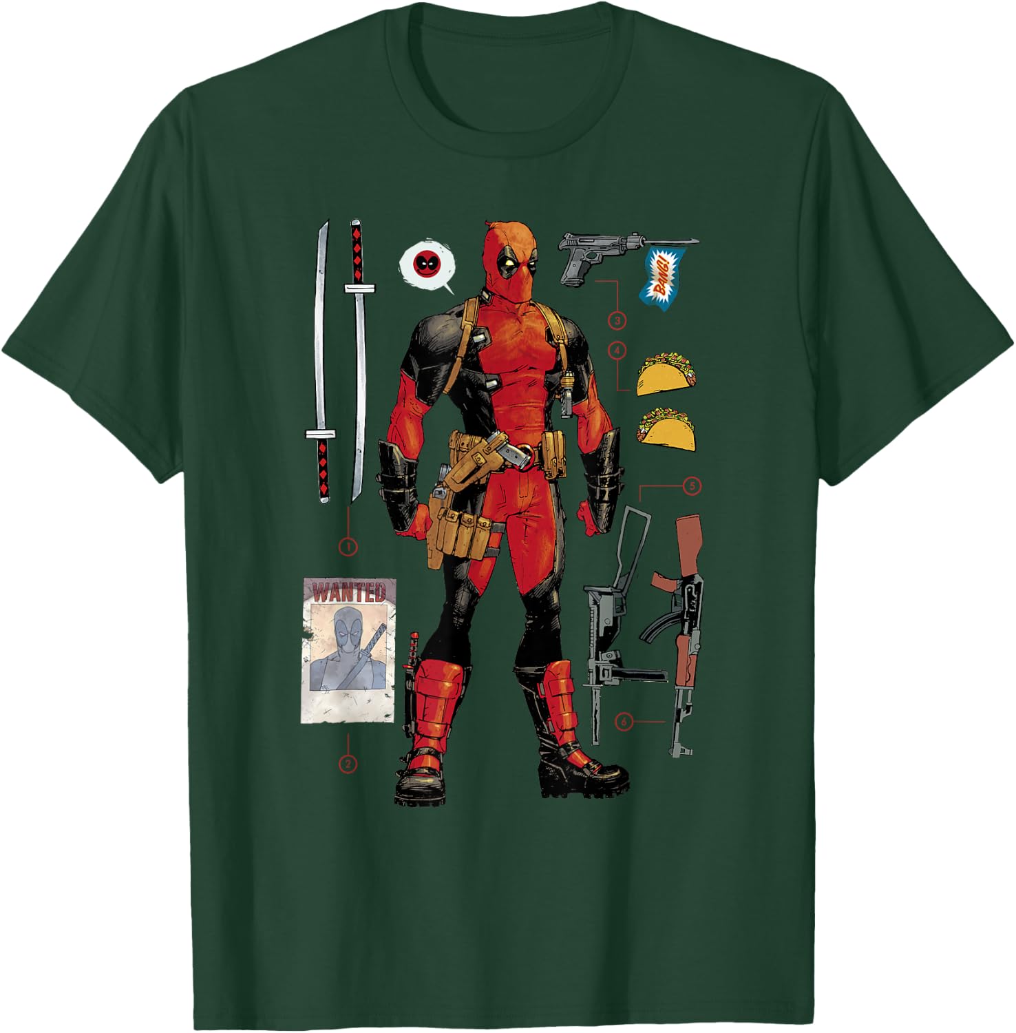 Marvel Deadpool Weapons & Accessories Collection Comic Icon T-Shirt - T-Shirt | Forest