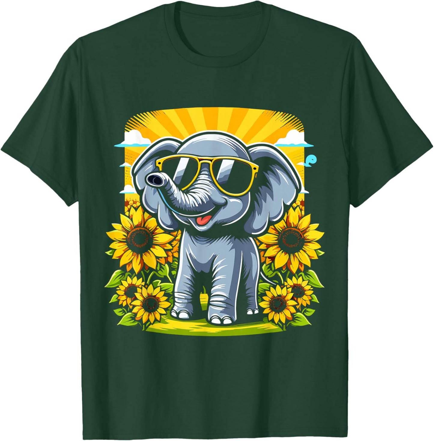 Elephant with Sunglasses and Sunflowers Funny Elephant Lover T-Shirt - T-Shirt | Forest